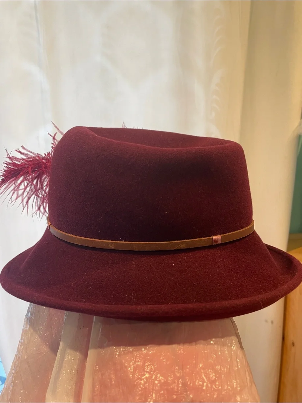 Womens Feather Trim Wool Cloche Hat - Burgundy